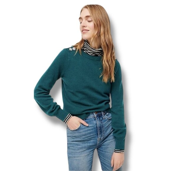 J Crew Womens Sweater Sz 3X Forest Green Crewneck Jeweled Buttons Wool Holiday - Picture 2 of 4
